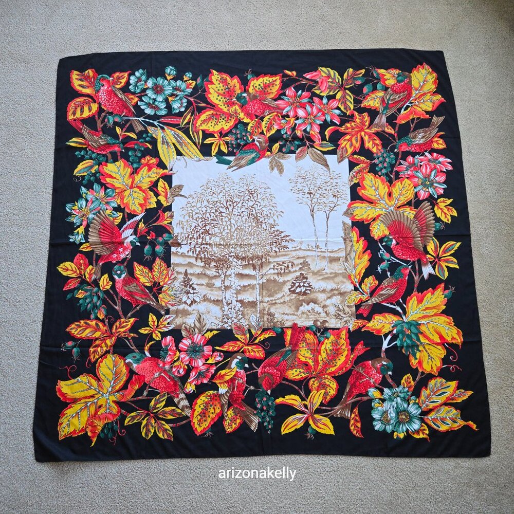 NWOT Huge Silk Scarf Shawl Wrap Birds Leaves Flowers - Picture 2 of 11